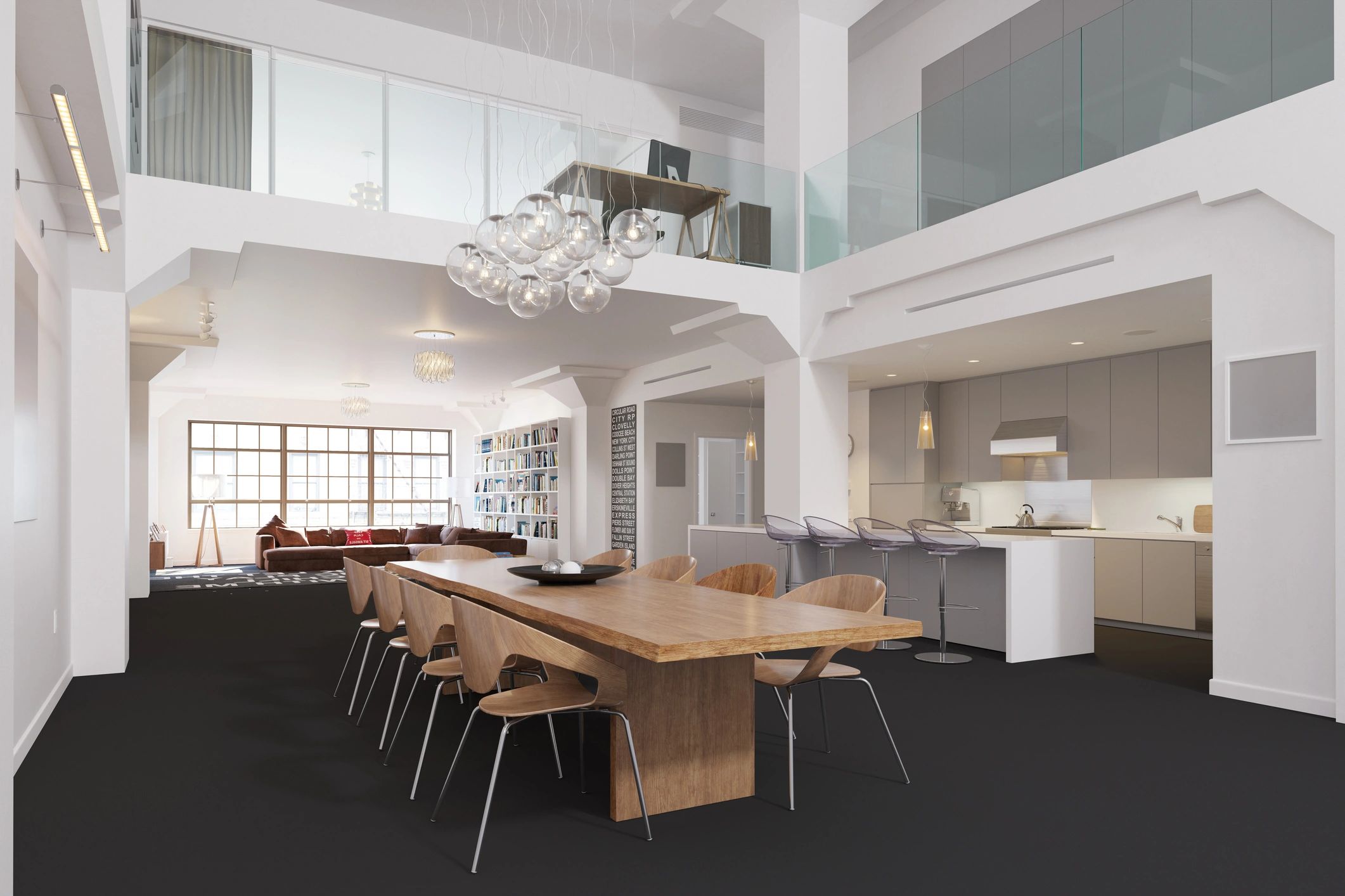 Modern open-plan loft apartment interior. Spacious dining room, kitchen, and living area with mezzanine. Luxury real estate and contemporary home design concept